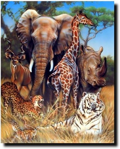 Екзотичен колаж от зоологическата градина (Жираф, Носорог, Слон и Тигър) Плакат с изображение на животни Сафари (16x20)