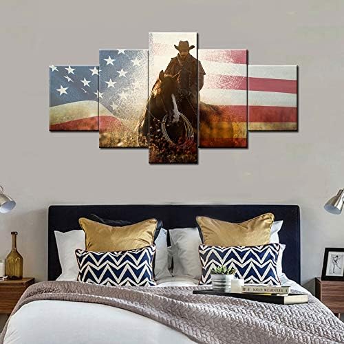 Картина с изображение на кон, индианци Каубои, Декор, Флаг на САЩ на Фона на Стенно изкуство за Всекидневната, Картини по стените,