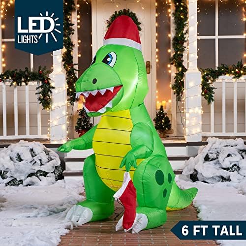 Joiedomi 6 фута Коледен Надуваем Динозавър Динозавър, Държи Коледни Чорапи с вградени светодиоди, Надуваеми играчки за Коледно парти,