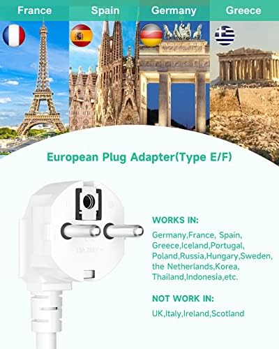 Alitayee European Travel Plug Adapter, Адаптер за пътуване от САЩ до Европа с 3 Розетки и 3 USB Порта, Европейска Сила лента USB