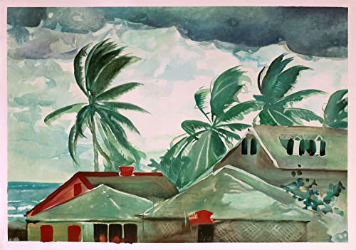 Ураган, Бахамските острови - точно копие на картина на Уинслоу Омир, написана на ръка с маслени бои: палми и зелени къщи на фона
