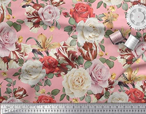 Плат от futon джърси Soimoi розов цвят, с листа и розови цветя принтом ширина 58 см