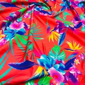 TelasLycraCom - (неоново червено разпечатки с тропически цветя на заден план), постоянен размер 60 см, 4-лентови еластичната тъкан от ликра с идеалното тегло за бански костю?