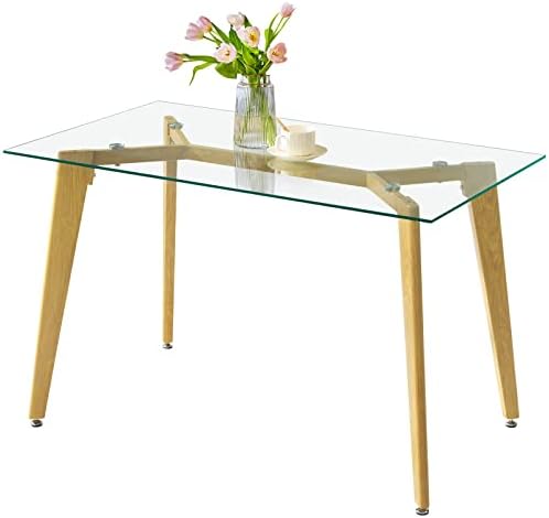 Стъклена маса за хранене Bacyion 47 - Модерен маса за хранене за 4 човека, Правоъгълна Кухненска маса с метално стъбло на дърво, Трапезарна маса за кухня, трапезария, апар