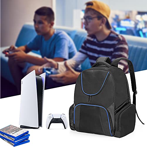 Раница за игралната конзола CURMIO, съвместим с PS5, PS4 и PS4 Pro, Пътен калъф с джобове за контролер, слушалки и слот аксесоари, в синята лента (само чанта, очаква се получава