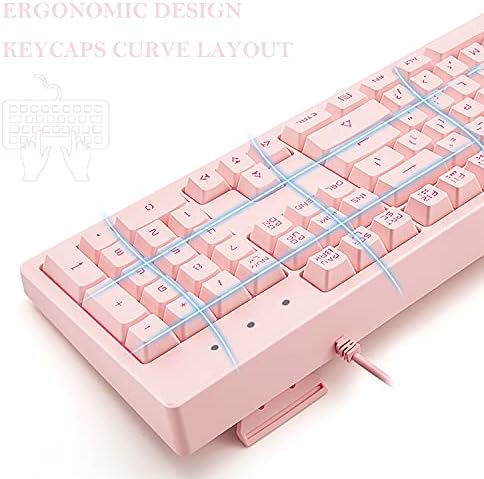 Розова клавиатура Basaltech с 7-цветен led подсветка, 104 клавиша с безшумна подсветка, 19 клавиши със защита от отблясъците, Евтина Детска Клавиатура с механично усещане, В?
