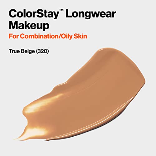 Течен тонален крем от Revlon ColorStay Face Грим за Комбинирана и мазна кожа SPF 15, Продължително Средно-пълно покритие с матова повърхност, дюзи, True Beige (320), 1,0 грам