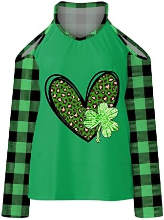 Ризи на Деня на Св. Патрик за Жени, Сексуална Тениски с V-образно деколте и деколте с цип, С открити Рамене, С Дълъг Ръкав, Зелена