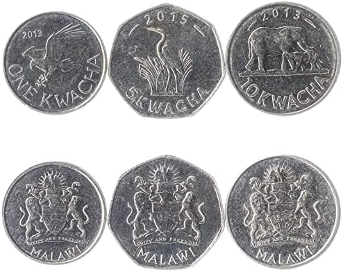 3 Монети от Малави | Колекция малавийских монети 1 5 10 Квача | В обращение 2012-2018 | Слон | Африканския Рибен Орел | Лилаво Чапла
