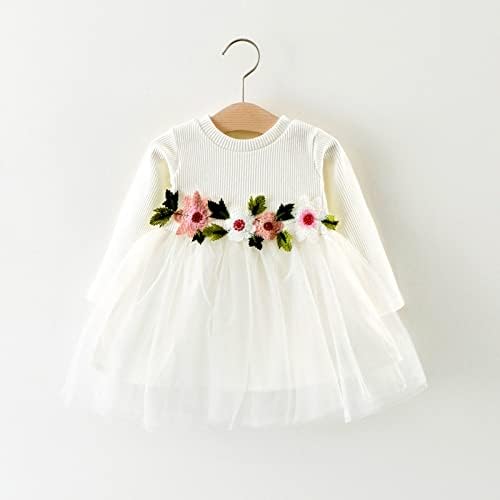 Бална рокля от Тюл с бродерия на цветя и дълги ръкави в рубчик за малки момичета, Бална Рокля на Принцеса (Бял, 90/10)