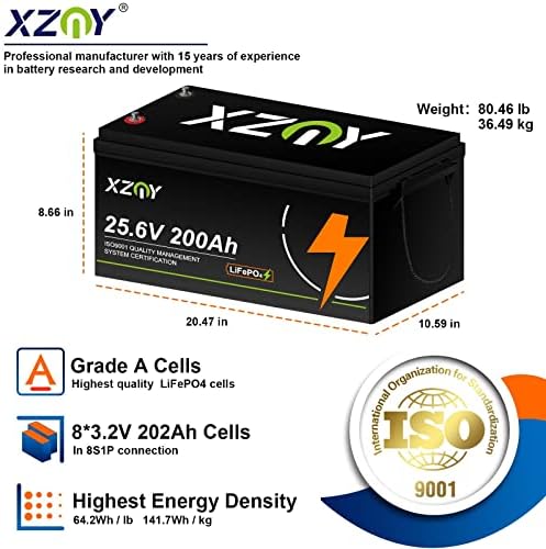 Батерия XZNY 24V 200Ah LiFePO4, 5000 + цикли Акумулаторна литиева батерия 200Ah 5,12 кВтч Батерия LiFePO4 дълбоко цикъл 24V, идеално
