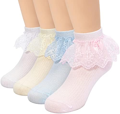akkilar, 4 опаковка на Чорапи с рюшами за малки Момичета, Окото Лейси завърши с лък, Чорапи с волани, Рокля на Принцеса, Чорапи