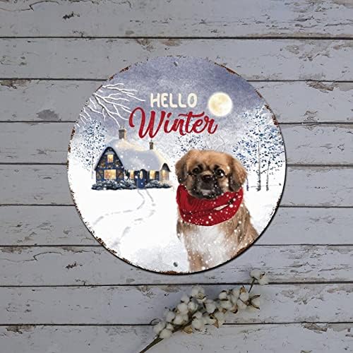 Червен Камион Венец Знак Здравейте Зимата е Снежна Къща Куче Кръгла Метална Лидице Табела на Стената Коледна Украса Издържат Стилни