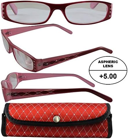 Дамски мощни слънчеви очила за четене: червени и розови рамки и калъф в тон + асферичните лещи с увеличение 5,00