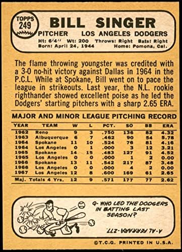 1968 Topps # 249 Бил Singer Лос Анджелис Доджърс (бейзбол карта) NM+ Dodgers