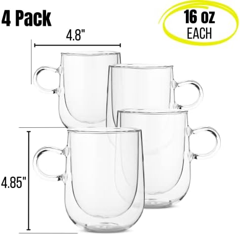 BTaT - Форма на бъчва от стъкло с двойни стени, 4 опаковки, 16-унция (500 мл), Стъклени чаши за Кафе, Прозрачна утайка от чаша, Чаши за Кафе с двойни стени, Стъклени Чаши, Чаша